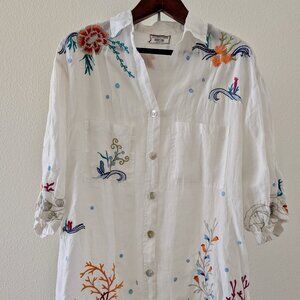 Johnny Was Workshop White Coral Embroidered Long Top